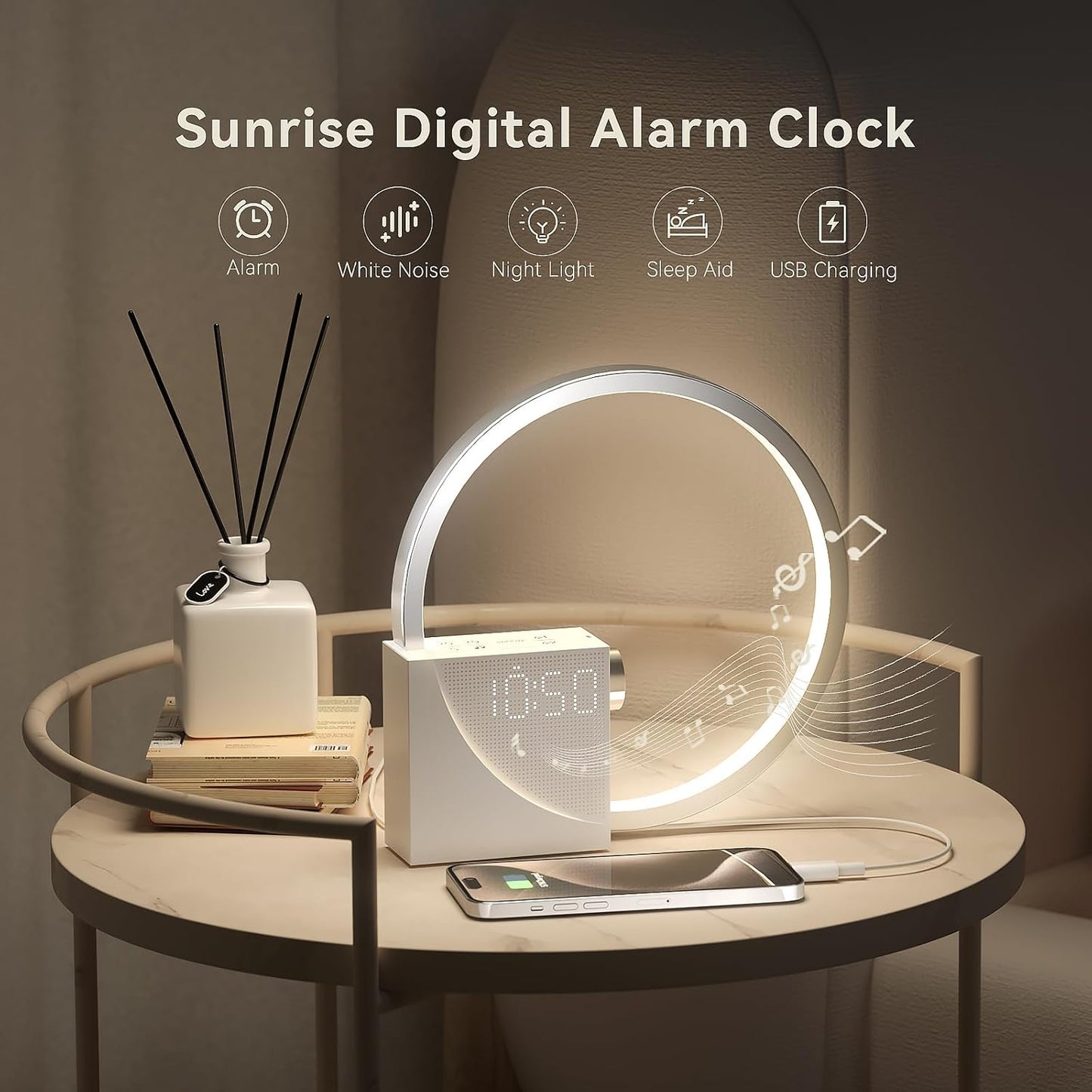 Vivilumens Sunrise Digital Alarm Clock, White Noise Sound Machine, Sleep Aid Timer with USB Port, Dimmable Digital Clocks Display, Snooze,10 Ringtones for Heavy Sleepers, Bedroom Decor Gifts for Women