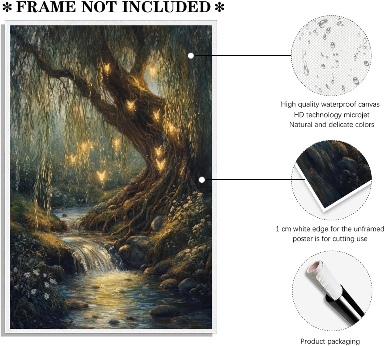 Willow Tree Fairies Poster Enchanted Forest Wall Art Dark Academia Decor Vintage Nature Rustic Aesthetic Enchanted Illustration Canvas Print for Bedroom Reading Nook 12x18inch Unframed