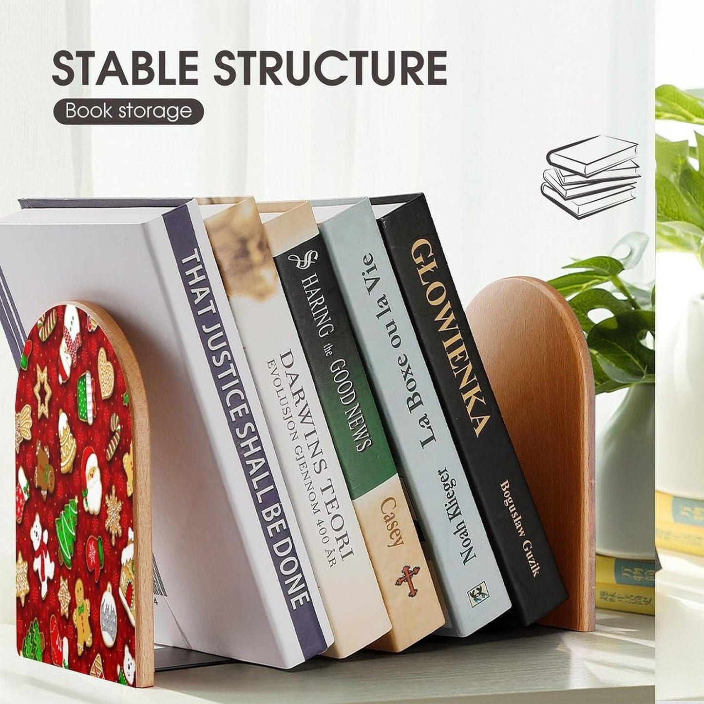 Happy Christmas Wooden Bookend Non-Slip Book Ends Heavy Duty Book Stopper with Metal Base Books Holderd Decorative Bookends Stands Firmly for Office Supplies