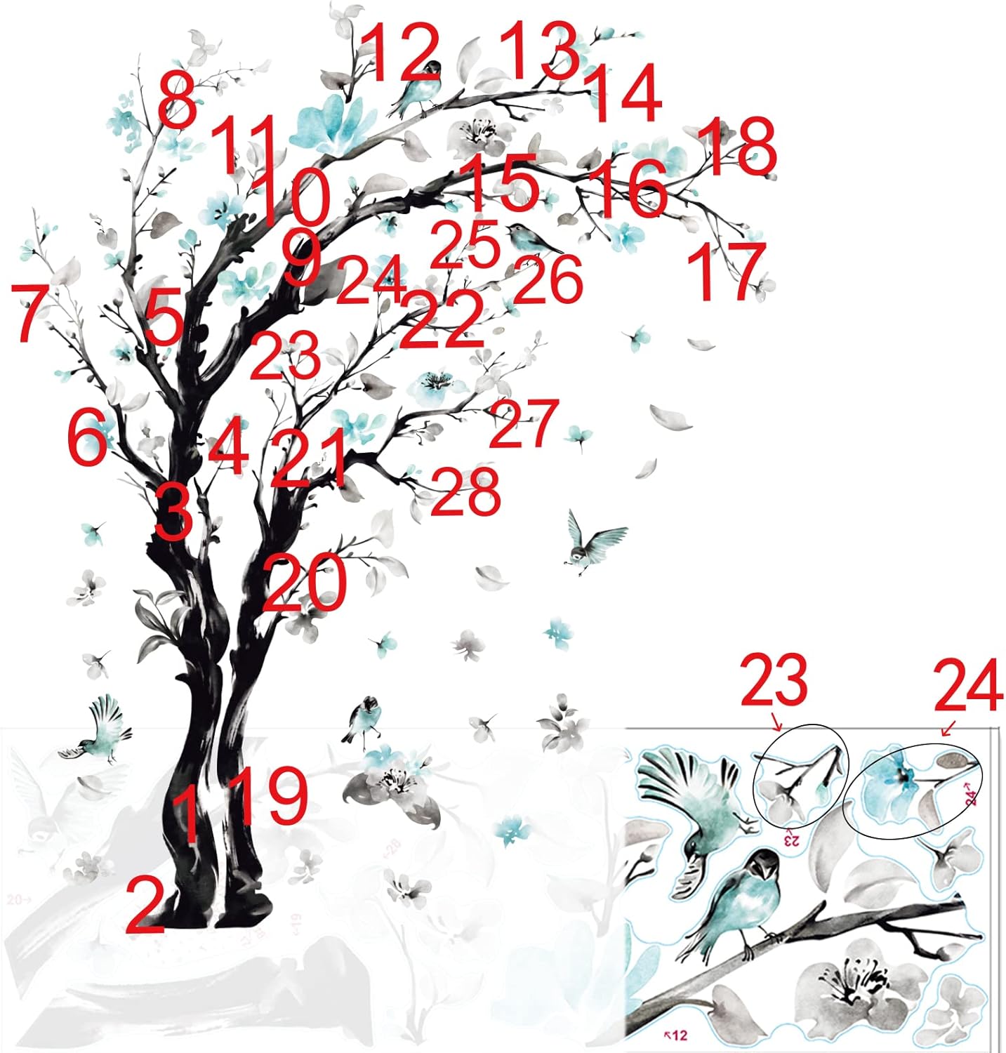 decalmile Large Watercolor Tree Wall Decals Blue Flower Branch Wall Stickers Living Room Bedroom Kitchen Wall Decor(H:63/48 Inches)