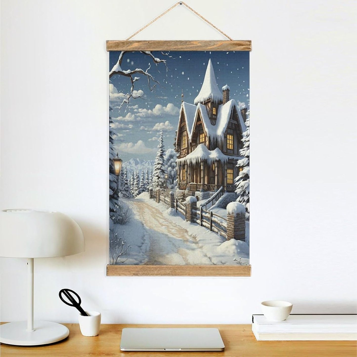 Vintage Christmas Winter Happy Scene Poster with Wooden Frame Personalized Linen Hanging Scroll Painting Rustic Wall Hanging Illustrative Modern Artwork Decor for Home Living Room Bedroom Office