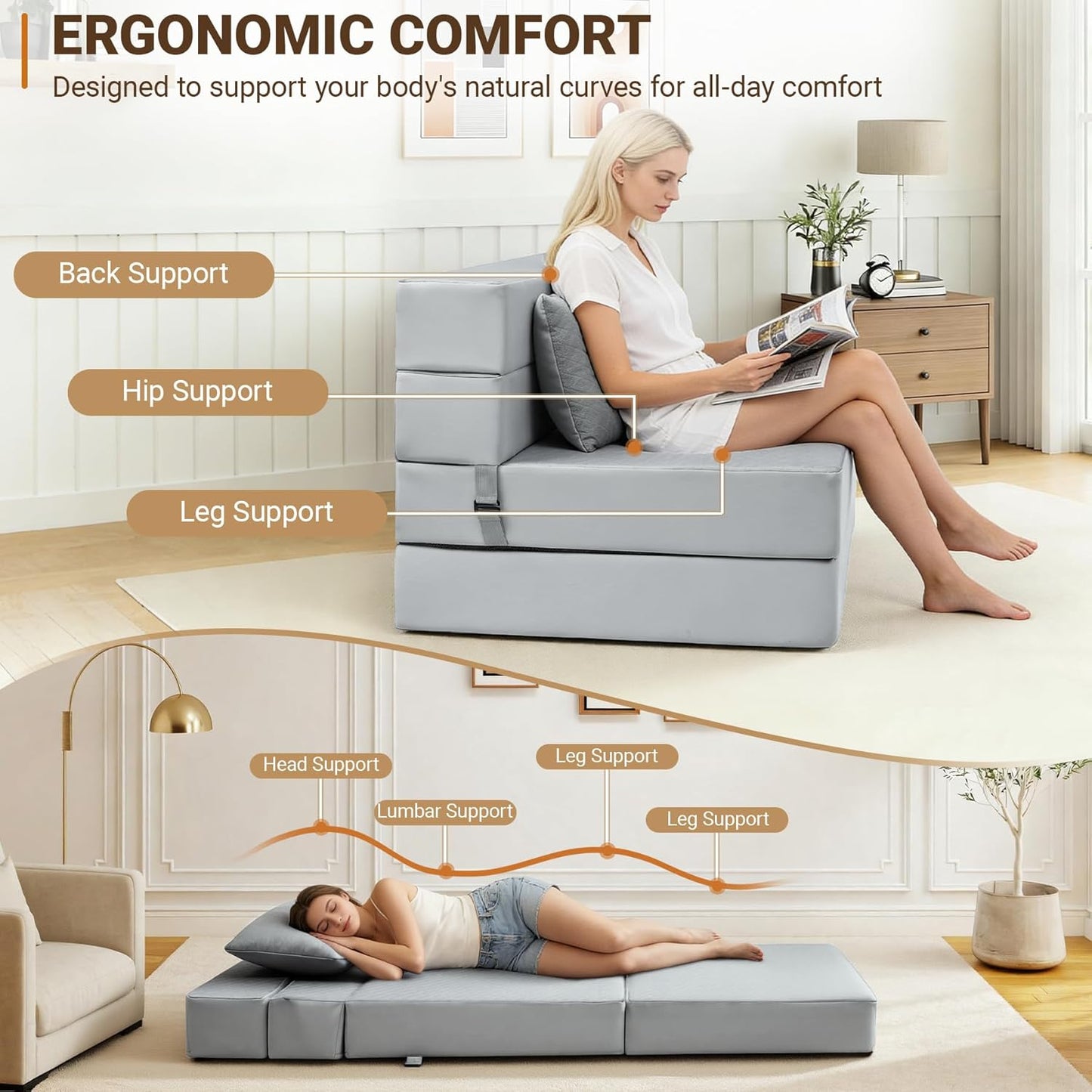 BeBen Folding Sofa Bed, Boneless Foldable Chair Bed, Convertible Futon Sleeper Chair Couch, Twin Lazy Floor Lounger Sofa Couch for Small Spaces, Dorm, Guest Room, Living Room, Apartment, Grey