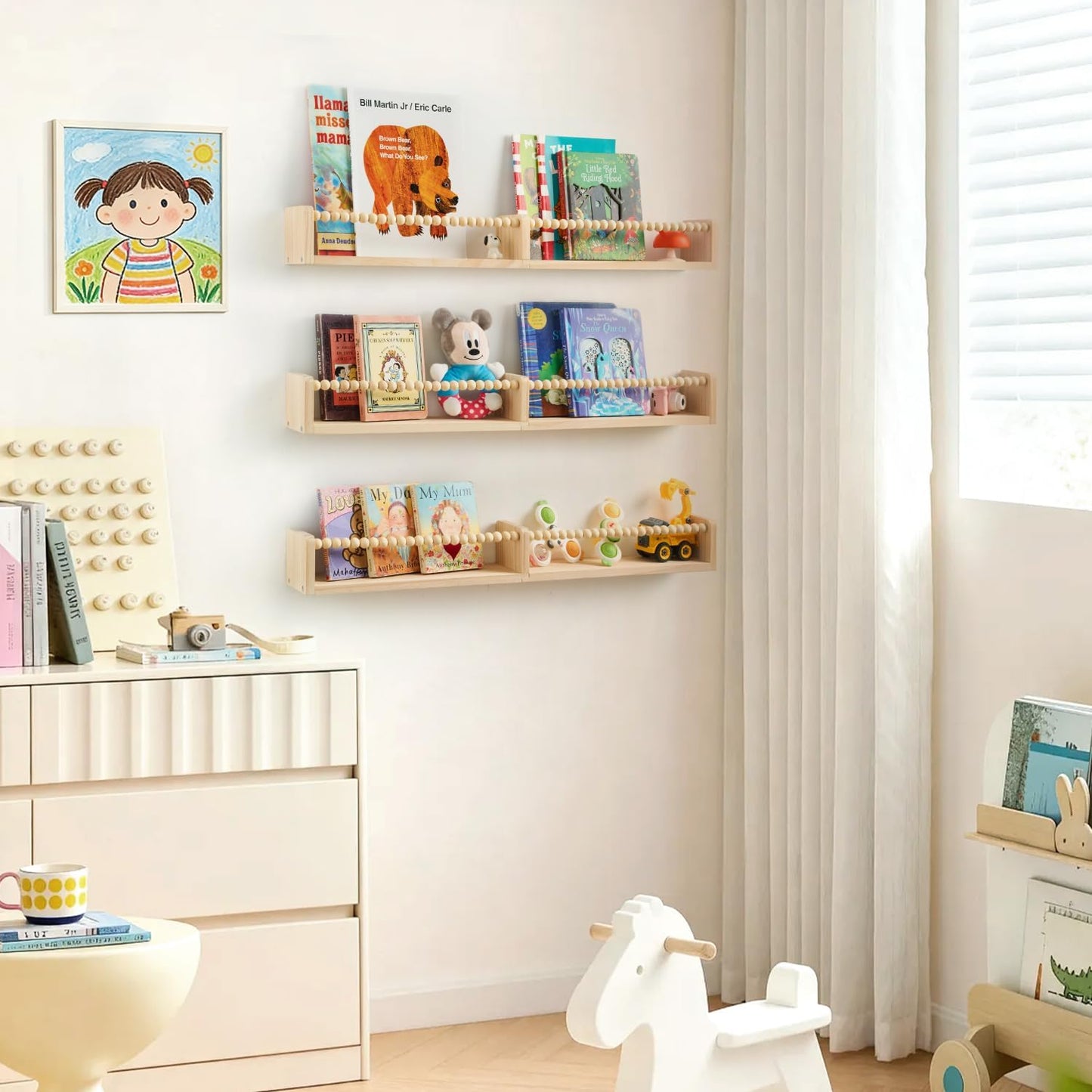 32 Inch Floating Shelf with Wooden Bead Design - Solid Pine Wall Mounted Bookshelf, Child-Safe Nursery Storage for Kids Room Decor, Set of 3