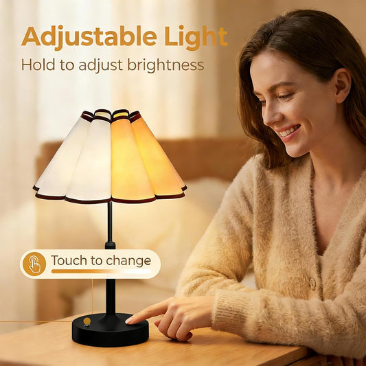 Flower Table Lamp, Cordless & Rechargeable with 5200mAh Battery, 3-Color Temperature Touch Control for Reading, Vintage Style Bedside Lamp, 14Hrs Portable Night Light for Bedroom, Home Decor (Black)