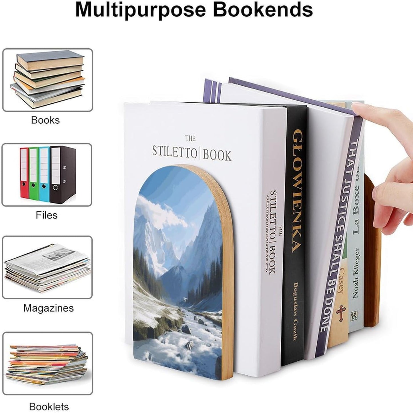Snowy Mountains Bookend for Shelves Wooden Book End Large Size Sturdy Book Holders Stoppers with Metal Base for Bookshelves Slick Decorative Bookends Stands