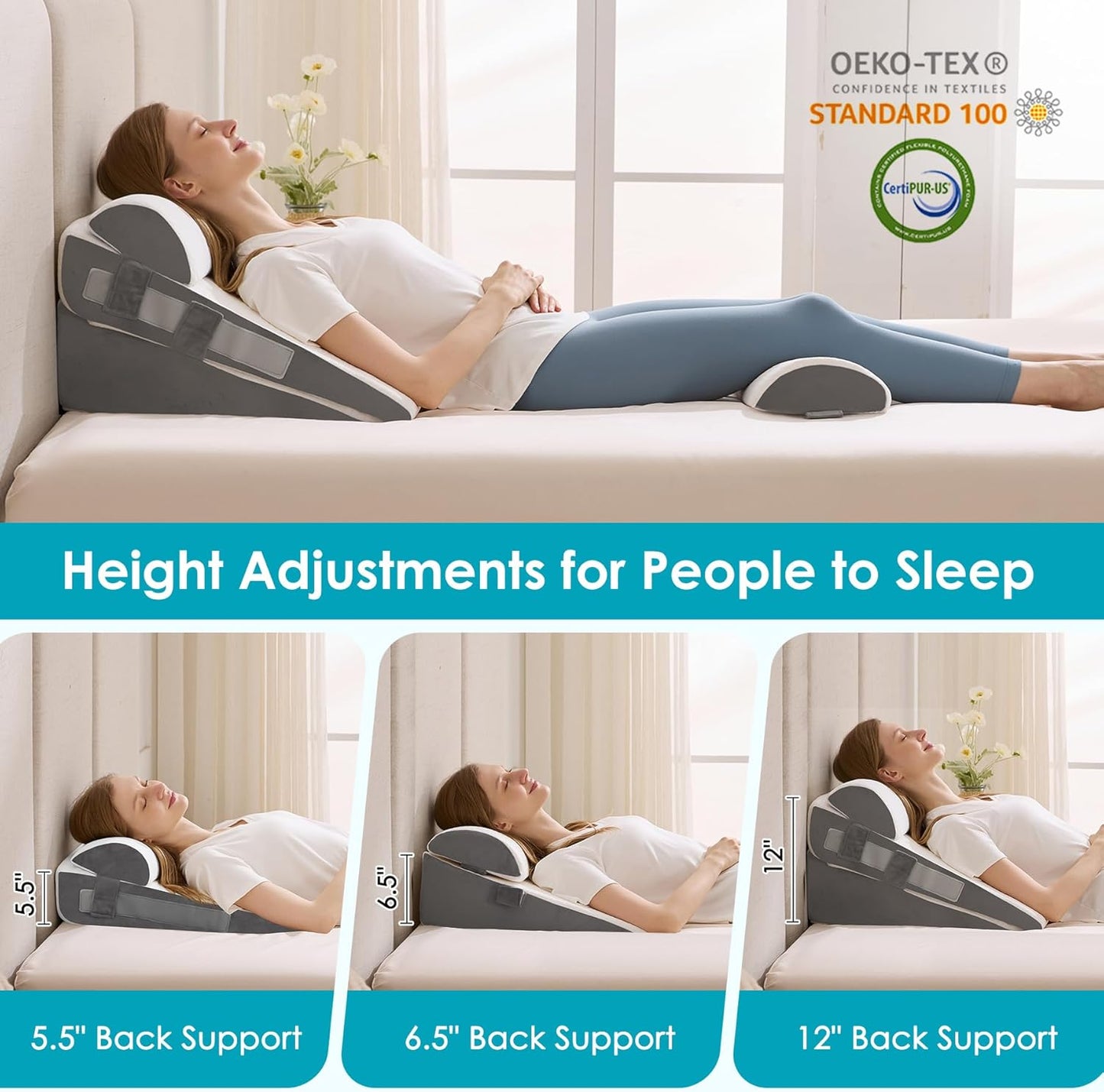 4Pcs Wedge Pillow Set for After Surgery,Acid Reflux Relief, Adjustable Bed Wedge Pillows for Sleeping,Anti Snore, Memory Foam Triangle Pillow for Back&Neck&Shoulder Pain Relief, White&Grey