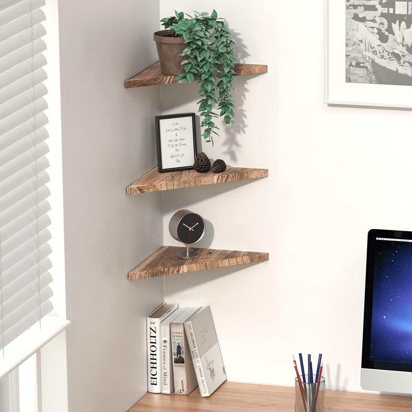 Wall Mounted Rustic Wood Straight Edge Corner Shelf Storage Rack, Bookcase, Floating Shelves Home Decor for Bedroom, Living Room, Office and Kitchen, Set of 3 (Straight Edge)
