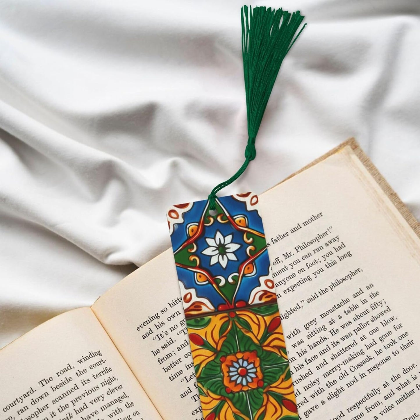 Mexican Ceramic Tile Bookmarks Gifts, Wood Bookmark for Women Men Handmade Book Mark for Book Lovers, Wood Tags Reading Page Markers Rectangle Shape Ornaments with Tassels