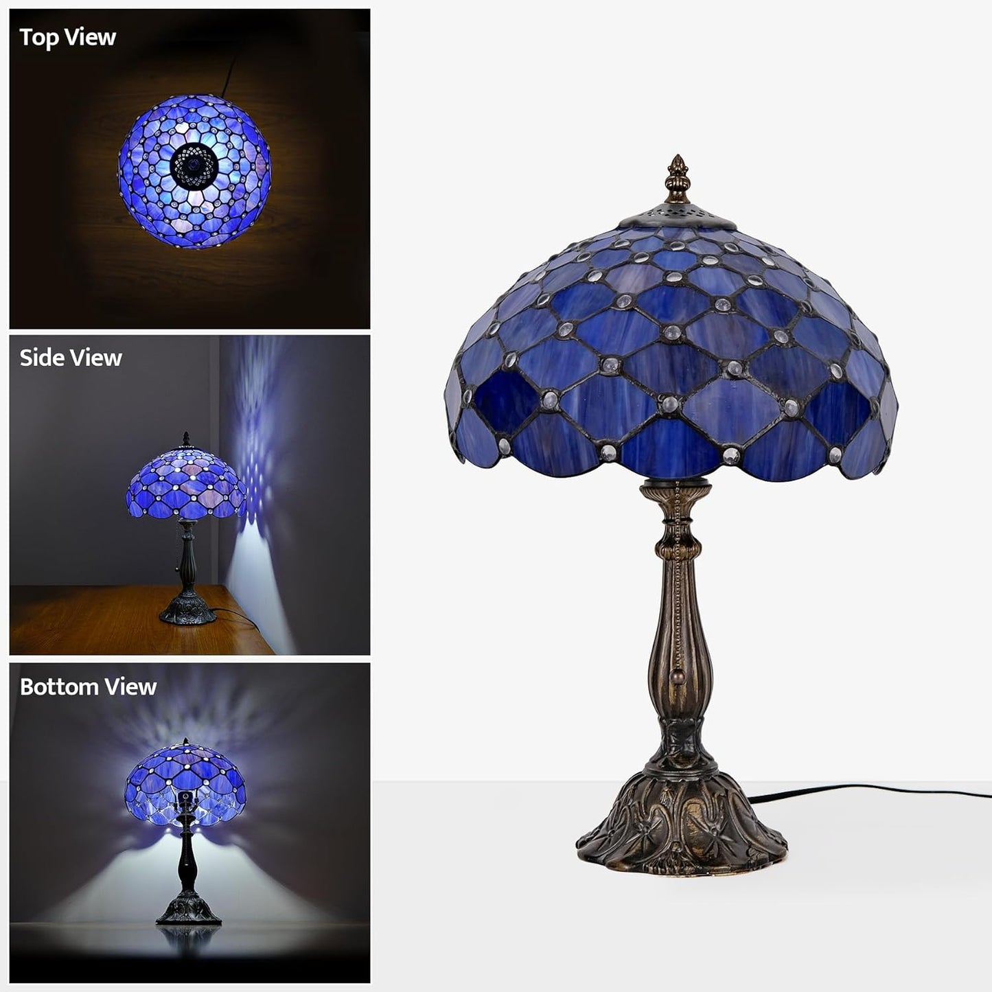 Tiffany Lamp Vintage Deep Blue Stained Glass Bead Table Lamp Desk Bedside Reading Light Decor Bedroom Living Room Home Office D12*H18 Inches