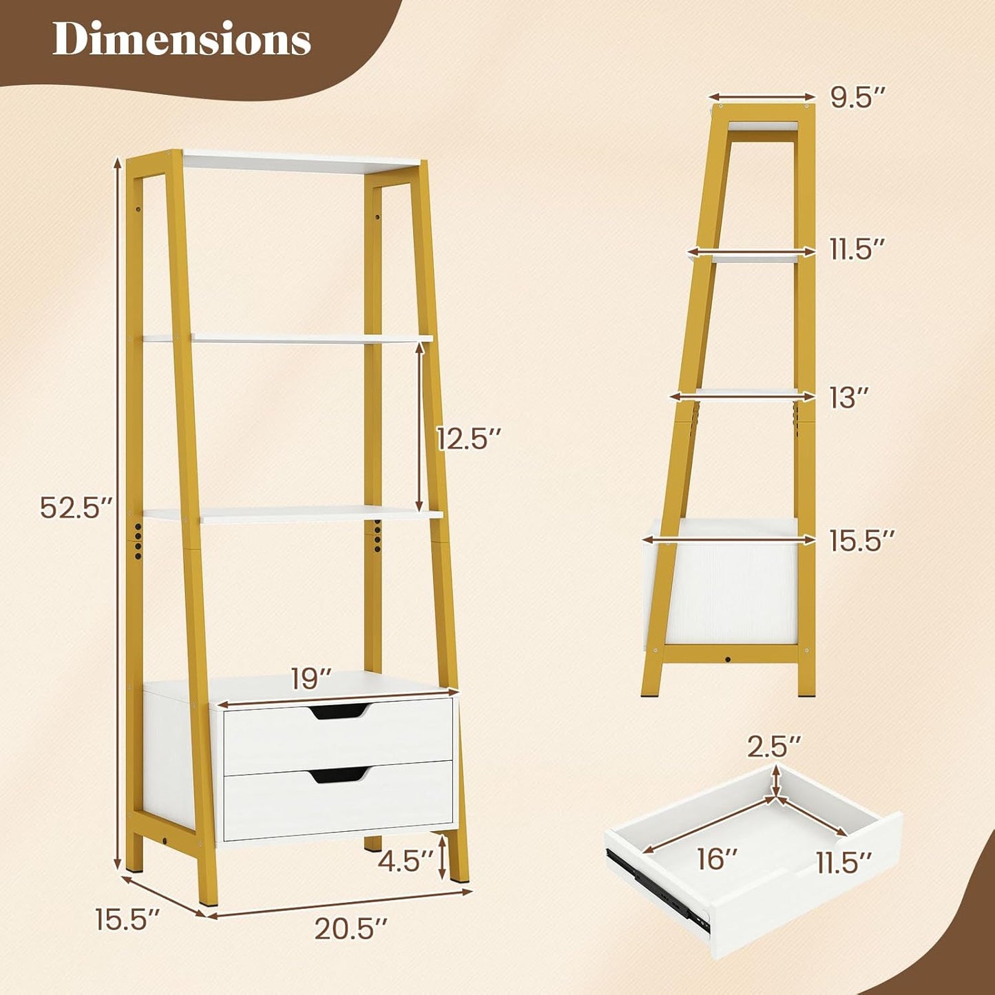 HOMGX 52.5” Tall Ladder Shelf, Industrial Freestanding Bookshelf with 2 Drawers, Heavy-Duty Metal Storage Shelving Unit for Living Room, Bedroom, Office, Study (White & Gold)
