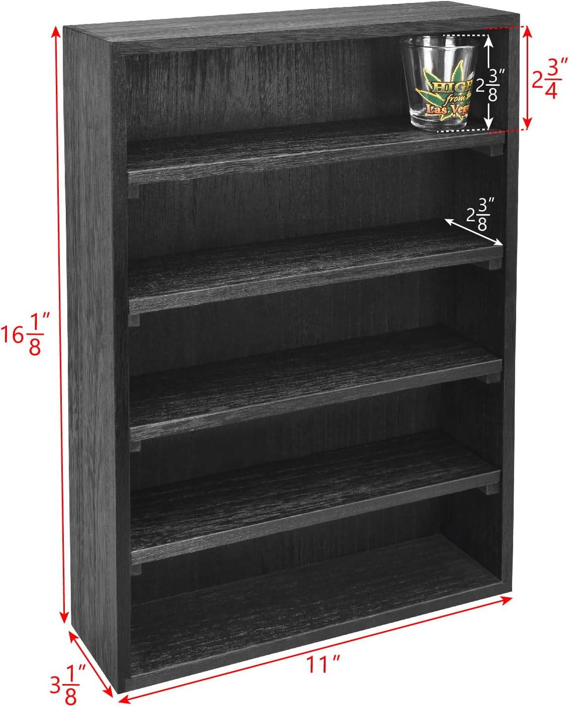 Ikee Design Wooden Wall-Mounted Display Shelves Rack for Collectibles, Figures,Shot Glasses,Spice Can,Cosmetics or Perfume, 5 Adjustable Height Shelves,Space-Saving, Black Color