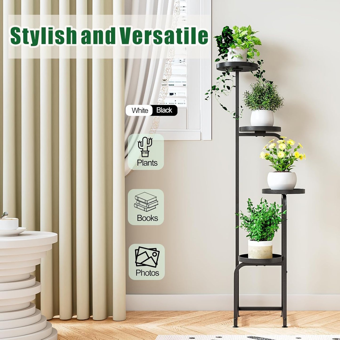 Plant Stand Indoor Outdoor 4 Tier Metal Plant Shelf for Multiple Plants Corner Flower Holders for Living Room Balcony Bedroom Patio Garden, Black (Black, 4-Tier)