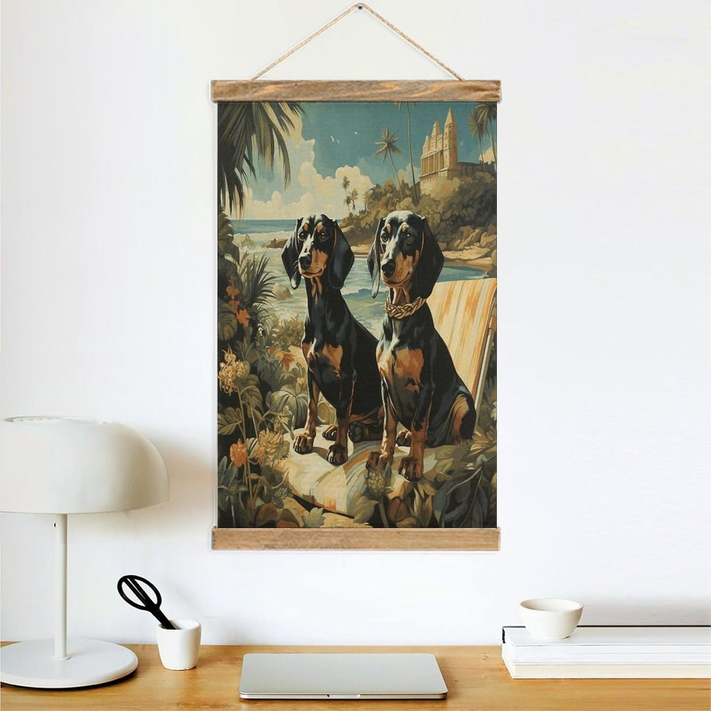 Vintage Dachshund Dog Bento Poster with Wooden Frame Personalized Linen Hanging Scroll Painting Rustic Wall Hanging Illustrative Modern Artwork Decor for Home Living Room Bedroom Office