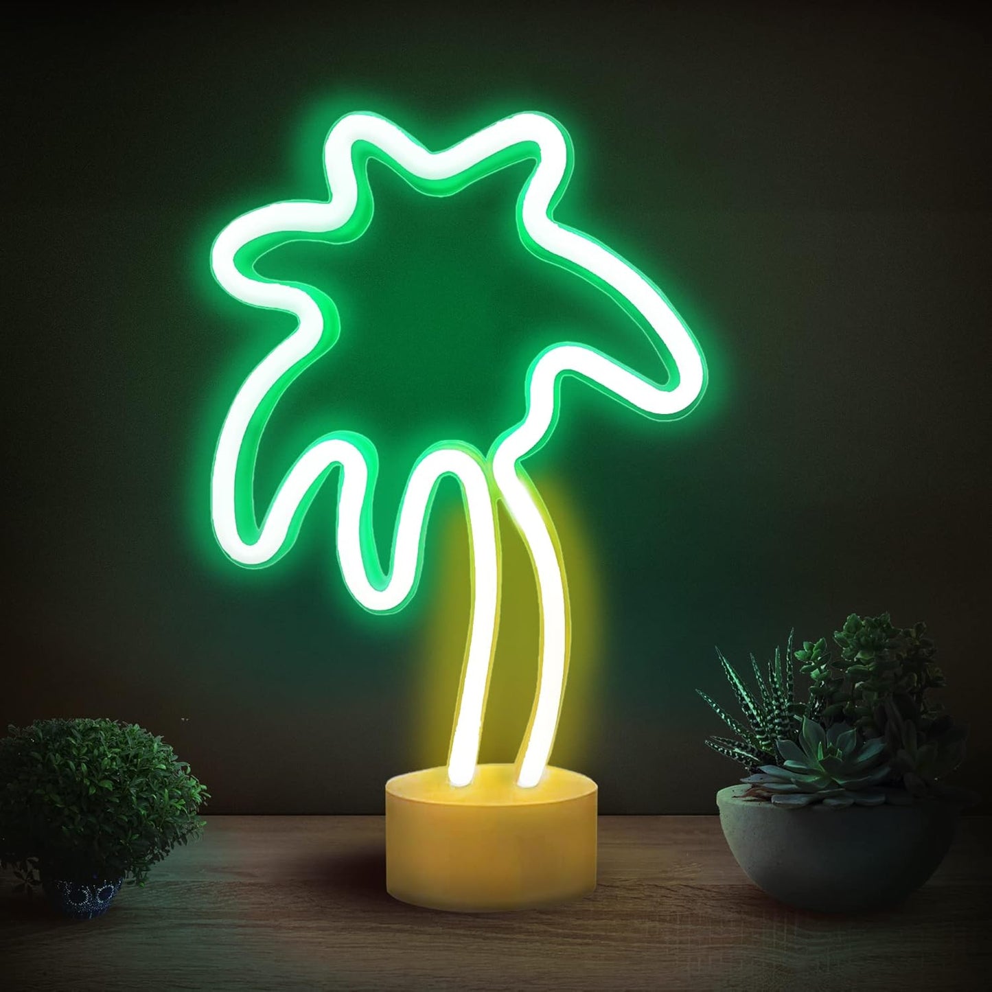 Lumoonosity Palm Tree Lights - Green & Yellow Palm Tree Neon Sign for Bedroom, Game Room - Battery/USB Powered Coconut Trees Neon Light with Stand for Desktop & Tabletop