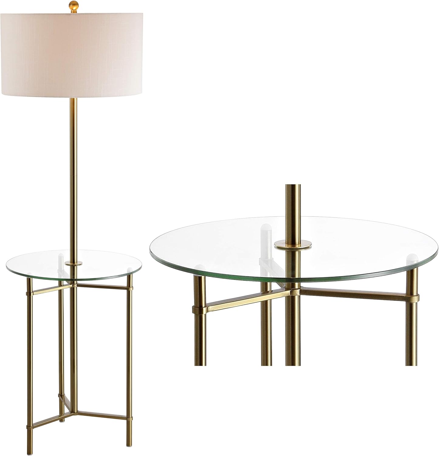 JONATHAN Y 59" Brass Gold Metal and Glass Side Table LED Floor Lamp, Modern Transitional Iron Standing Lamp with White Linen Drum Shade, UL Listed, LED Bulb Included JYL3059A