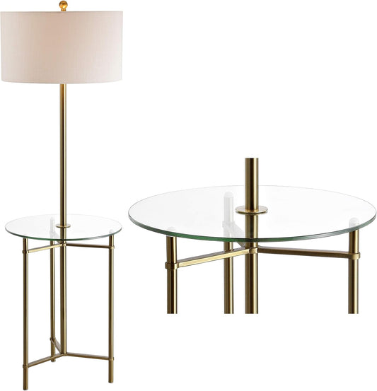 JONATHAN Y 59" Brass Gold Metal and Glass Side Table LED Floor Lamp, Modern Transitional Iron Standing Lamp with White Linen Drum Shade, UL Listed, LED Bulb Included JYL3059A