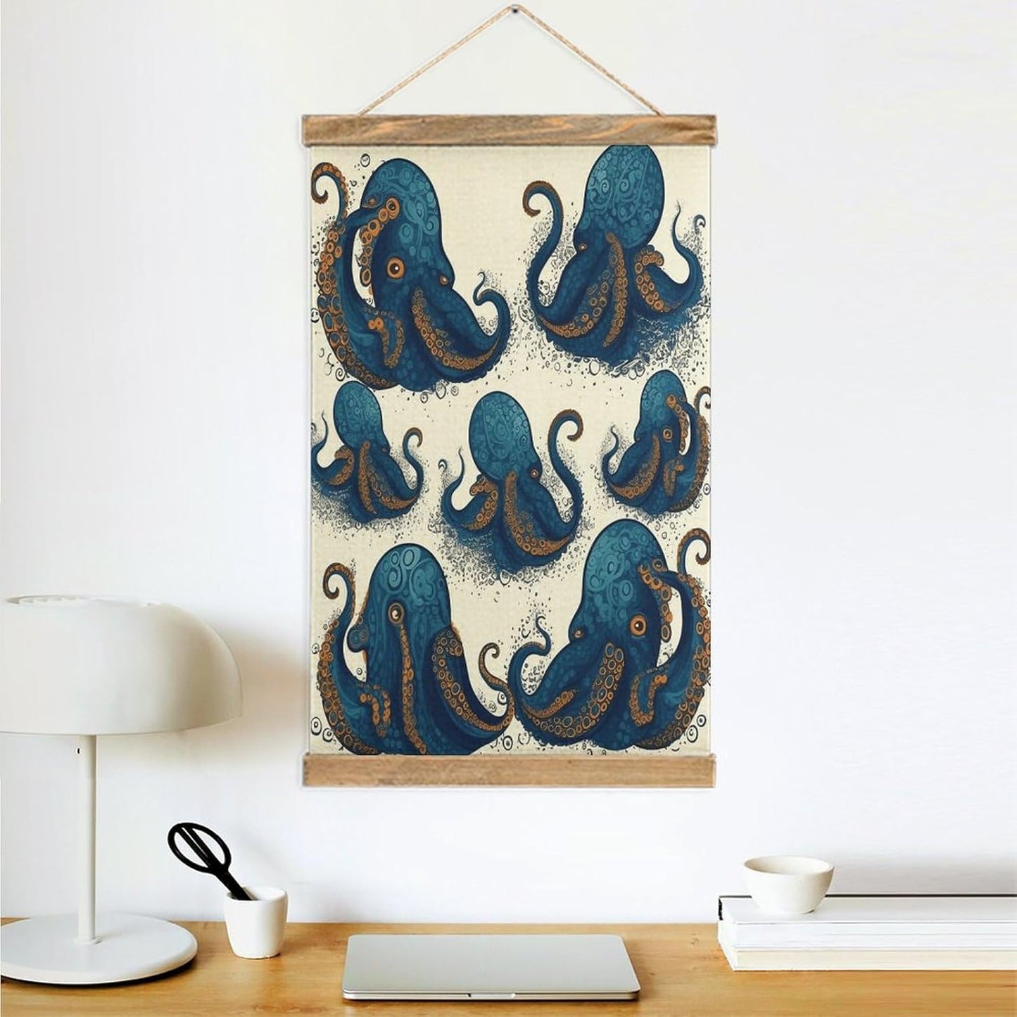 Vintage Tentacles Octopus Poster with Wooden Frame Personalized Linen Hanging Scroll Painting Rustic Wall Hanging Illustrative Modern Artwork Decor for Home Living Room Bedroom Office