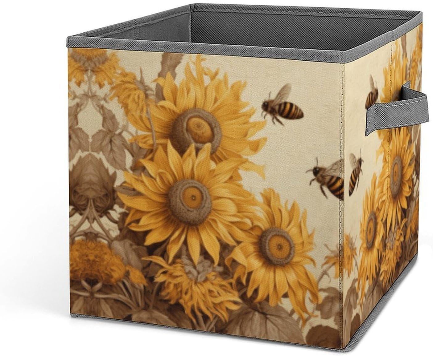 Bees And Sunflowers on Old Paper Storage Bins with Handles Fashion Large Storage Cubes Sturdy Foldable Storage Boxes Space-Saving Storage Baskets for Home Office Clothes Closet Organizers