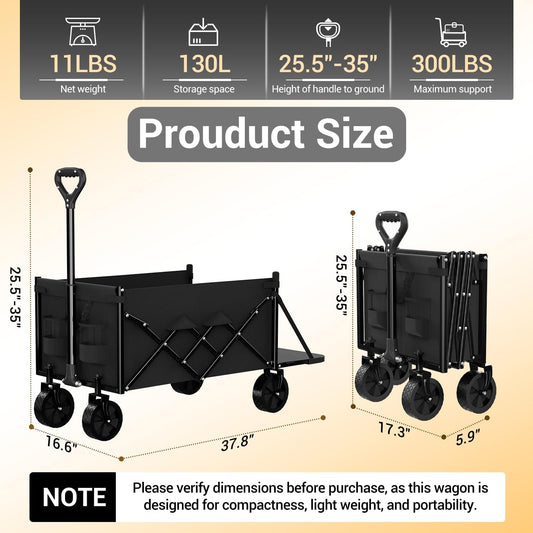 Lightweight Folding Wagon with Extended Tailgate, Large Capacity Collapsible Grocery Cart, Heavy Duty Foldable Shopping Carts, All-Terrain Outdoor Utility Carts for Camping, Sports, Garden, 4.5 Cu Ft