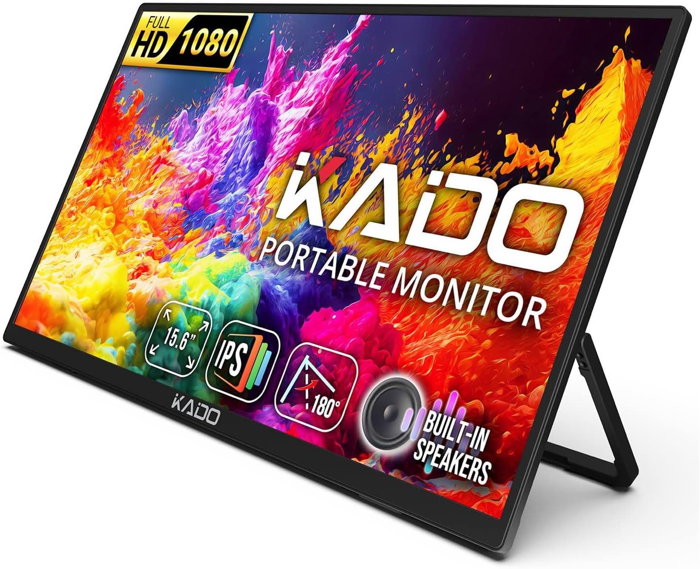 Kado Portable Monitor 15.6-inch FHD 1080p, 45W Reverse Charging Ultra-Slim Laptop Monitor 1920x1080 with Built-in Speakers, IPS Display 180° Kickstand for PC, Mac, Phone, Xbox, PS5, USB-C & Mini HDMI