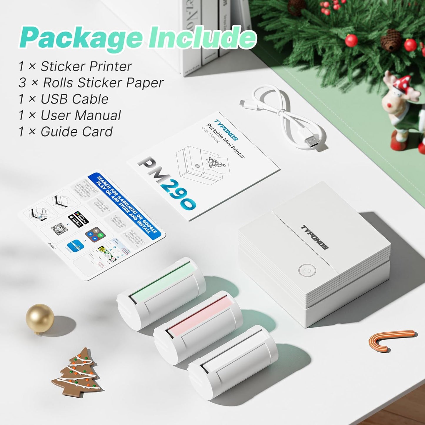 Sticker Printer, PM290 Mini Printer, Bluetooth Sticker Maker Machine with 3 Rolls Paper, Smart AI APP, Portable Print Pod for Study Note, List, Picture, DIY Gifts for School Office Home, White