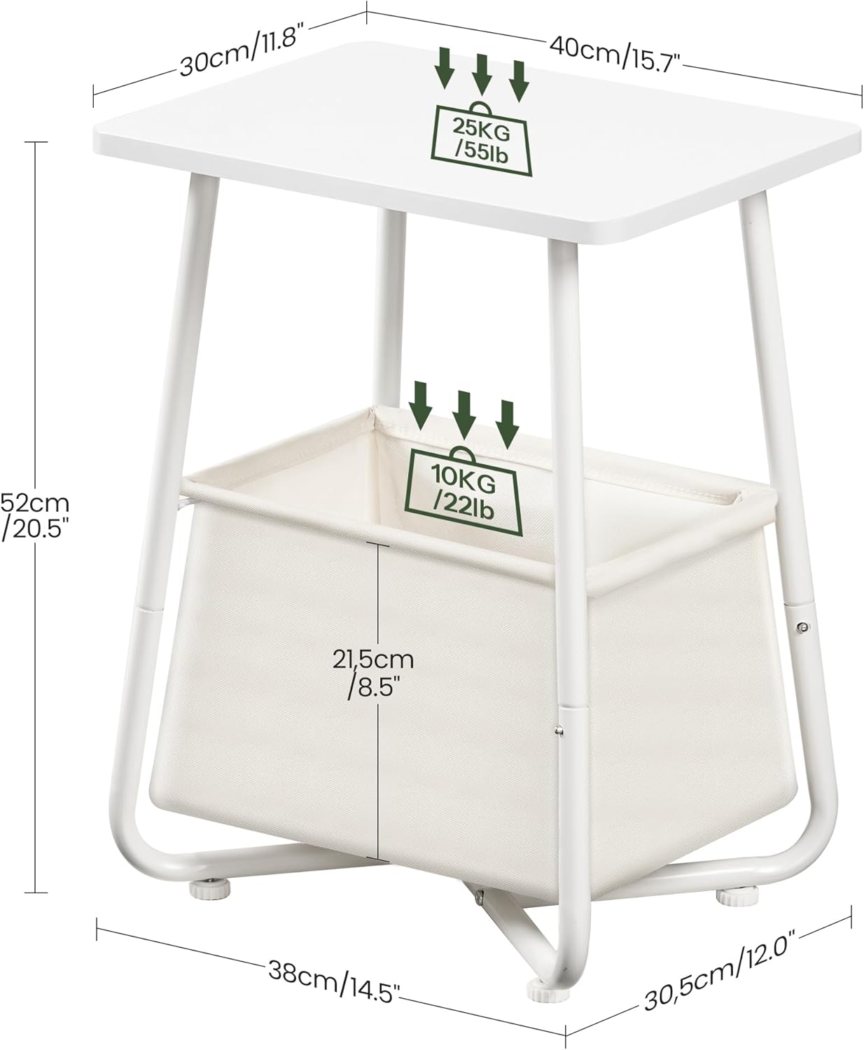 Nursery Side Table, Small End Table for Small Spaces, Nightstand with Fabric Basket, for Nursery, Living Room, Bedroom, White TBZ13WB