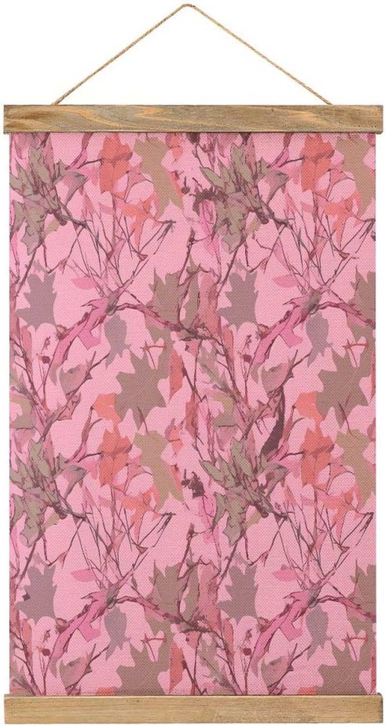 Vintage Pink Leaves Camo Poster with Wooden Frame Personalized Linen Hanging Scroll Painting Rustic Wall Hanging Illustrative Modern Artwork Decor for Home Living Room Bedroom Office