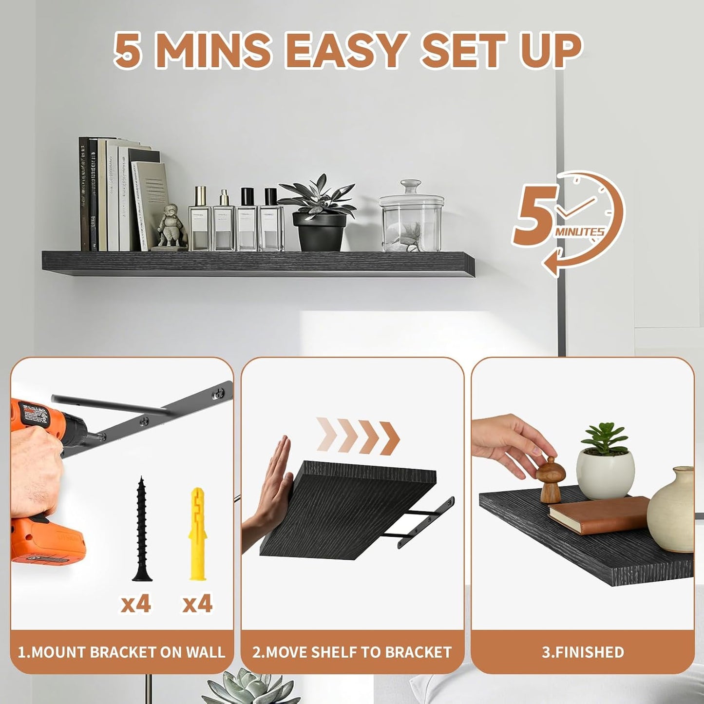 Easy Install Floating Shelves, Wall Mounted Wood Shelf,Hanging Shelf for Home Decor, Books and Storage, Small Organizer for Bedroom, Bathroom, Kitchen, 15.7 Inch Set of 3, Black