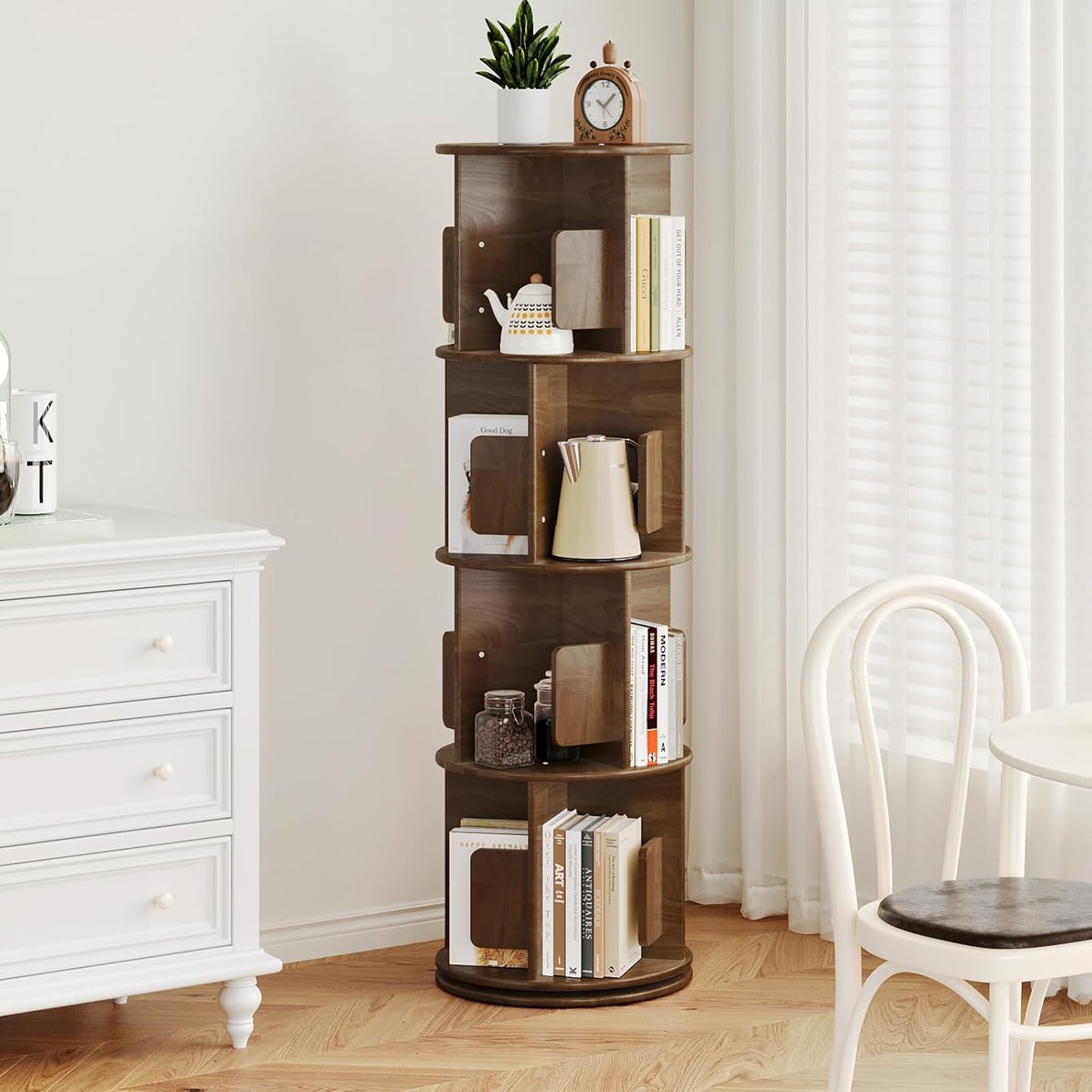 Wooden Rotating Bookshelf 4 Tier, Round Revolving Bookcase, 360° Spinning Book Shelf Tower Kids, Narrow Bookshelves Lazy Susan Organizer for Small Space, Corner, Bedroom, Living Room, Office, Walnut