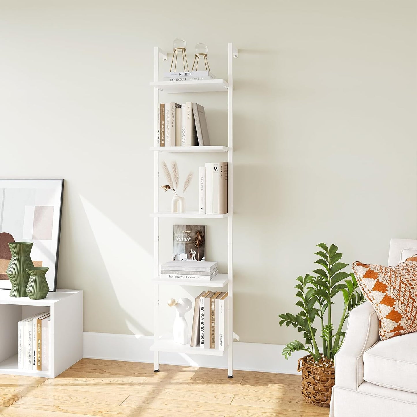 ELYKEN Ladder Shelf, White 5-Tier Wood Wall Mounted Bookshelf with Metal Frame, Modern Open Display Organizer Rack, Leaning Storage Shelves for Living Room, Bedroom, Home Office