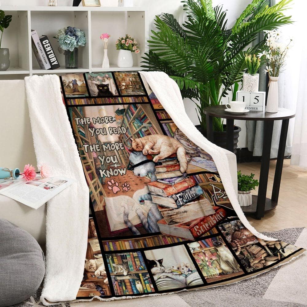 Book Lovers Throw Blanket, Cat Lovers Blanket, Soft Cat & Books Blanket for Sofa, Couch, Beds Decoration, Christmas 50x60