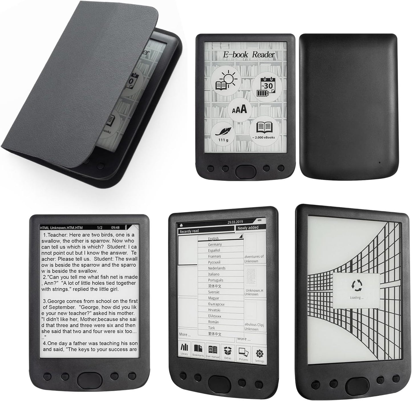 Fabater 6 Inch E Reader, 800 x 600 HD Ink Screen High Resolution Ebook Reader, Reading Tablet with Large Touch Screen Adjustable Brightness for PDF TXT DOC EPUB MOBI Support (16GB)