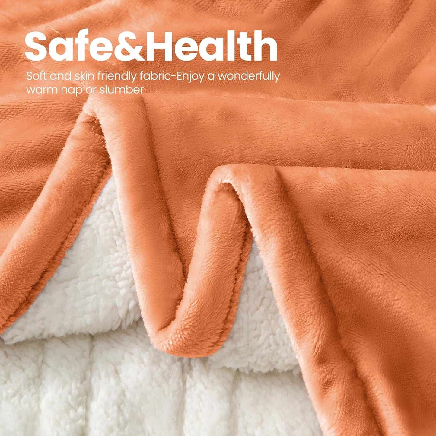 Electric Heated Blanket,Flannel & Sherpa Heated Twin Blanket 62"x84",Fast Heating Soft Fleece Blanket with 8 Heating Levels & 8H Auto Off-Orange