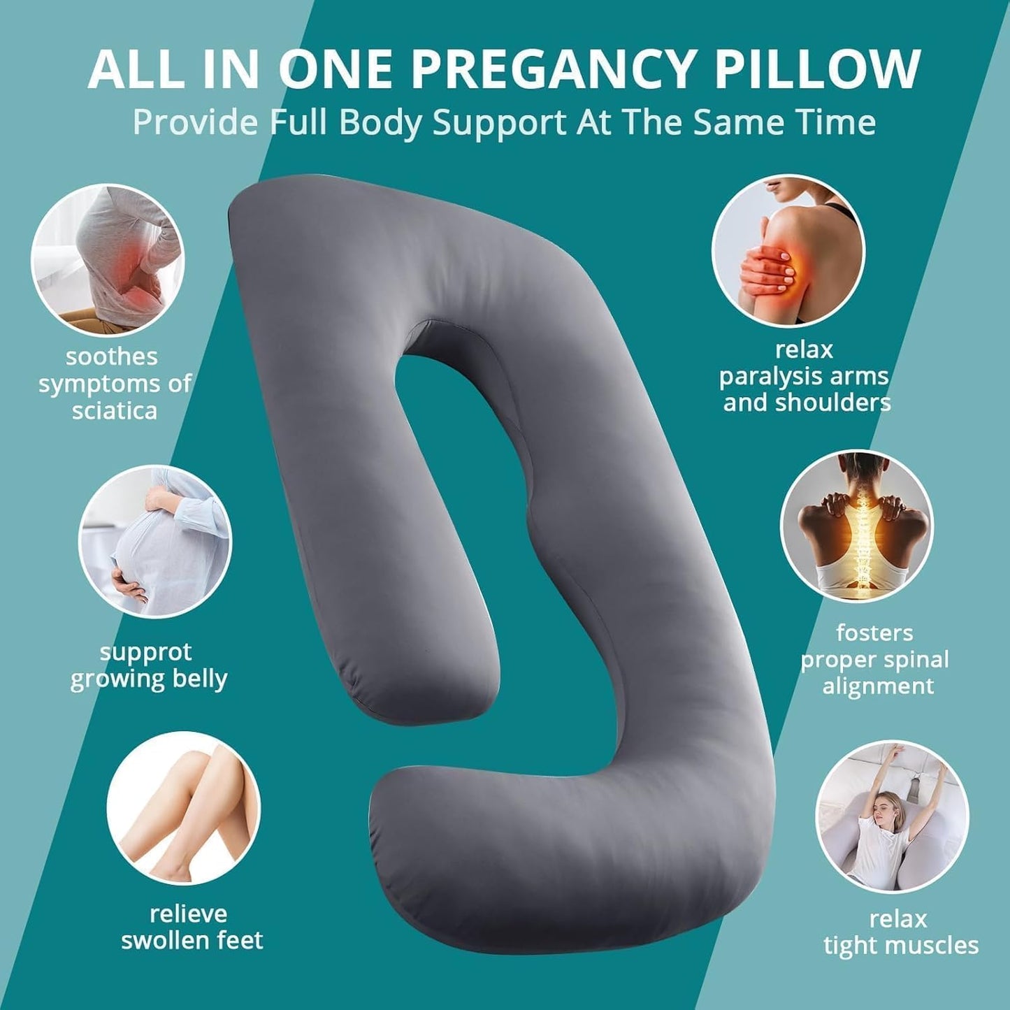 Sasttie Pregnancy Pillows for Sleeping, U Shaped Cooling Full Body Pillow with Removable Cover, Pregnant Women Must Haves, Maternity Essential, Dark Grey