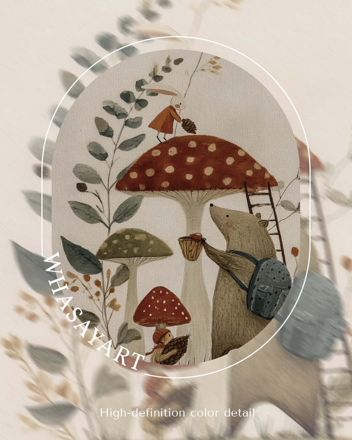 Vintage Storybook Kids Wall Art Framed Canvas Painting 12x16, Cute Woodland Animals and Mushrooms Illustration Bunny Bear Artwork, Nursery Children Room Playroom Farmhouse Fairy Tale Home Decor