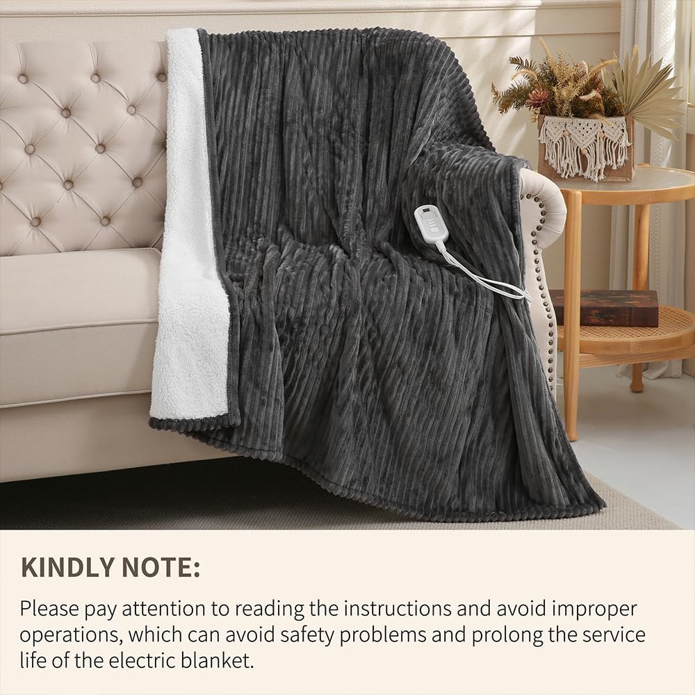 Sheet&Joy Heated Blanket Electric Grey Throw - 50"x60" Heating Blanket Throw 1/2/4/6/8 Hours Auto-Off 8 Heat Level Over-Heat Protection Ribbed Flannel Sherpa Electric ETL Certification