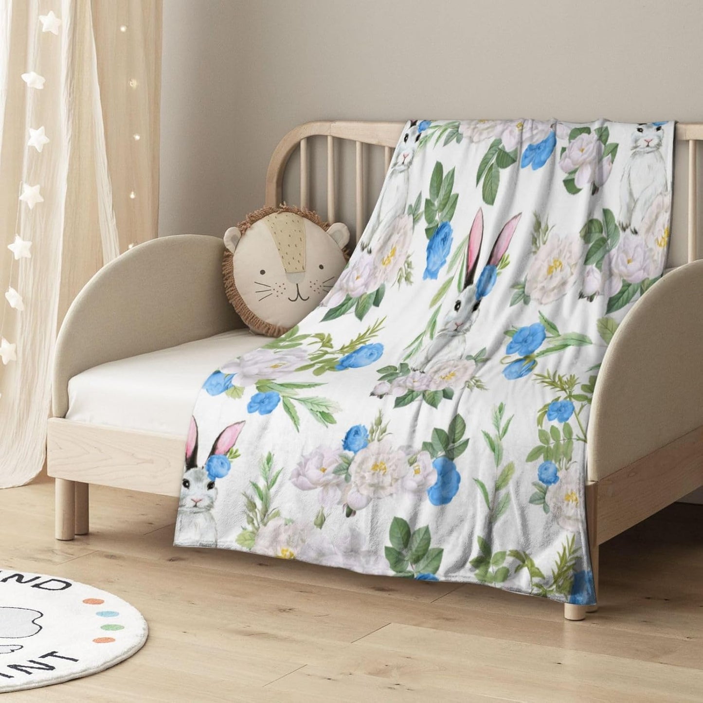 Easter Bunny Floral Blanket - Cozy Fuzzy Plush Warm Spring Watercolor Floral Rabbits Blanket for Decorations - 60x80 inch