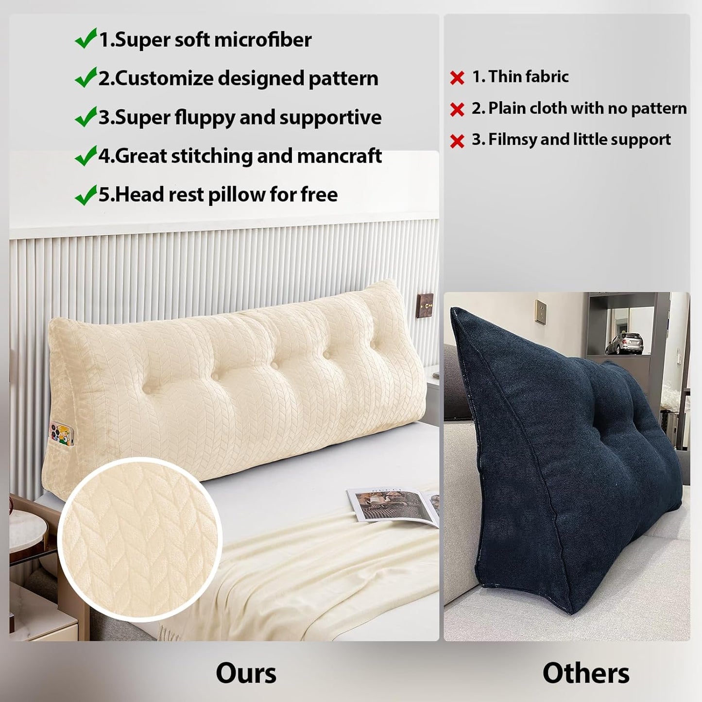 Large Bolster Triangular Headboard Pillow Large Reading Pillow Bed Wedge Pillow for Headboard Backrest Positioning Support Queen King with Removable Cover