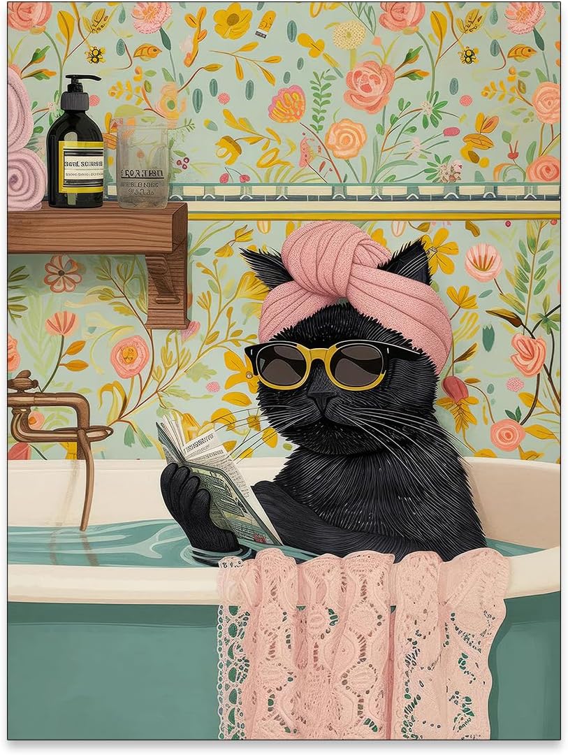 OMANI Funny Black Cat Bathroom Wall Art Cute Animal Reading Poster Trendy Preppy Aesthetic Canvas Prints for Living Room Bedroom Toilet Kids Room Wall Decor 12x16 inch Unframed