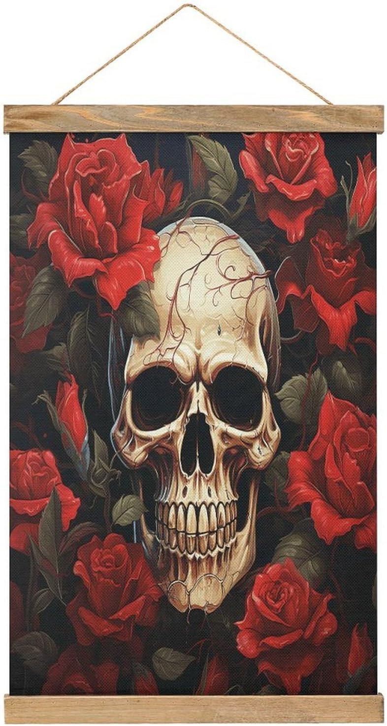 Vintage Skull Rose-Red Poster with Wooden Frame Personalized Linen Hanging Scroll Painting Rustic Wall Hanging Illustrative Modern Artwork Decor for Home Living Room Bedroom Office