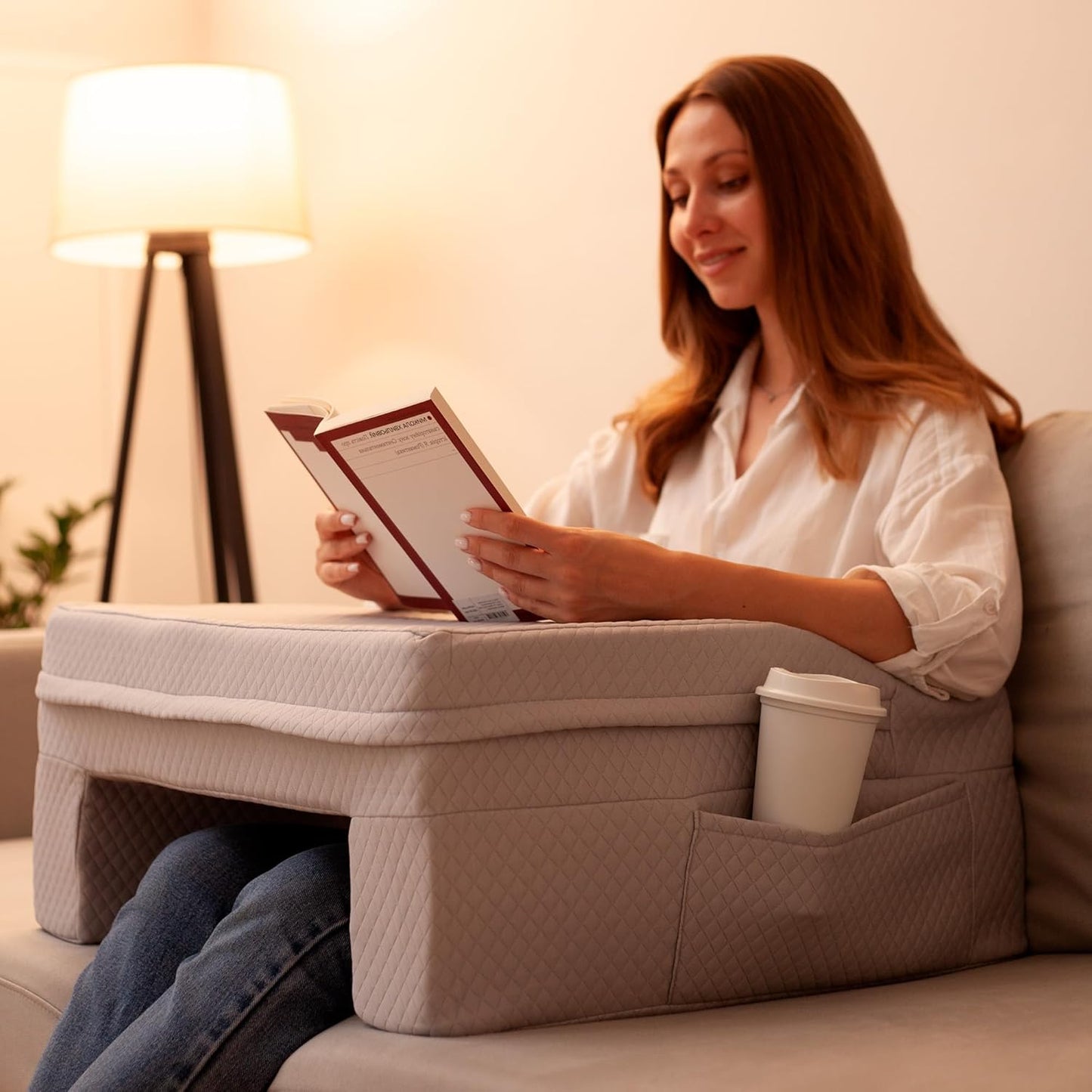 Reading Pillow for Gaming & Laptop (Includes 2 Washable Pillowcases) – 24″ Laptop Pillow for Bed, Couch, Steam Deck, Switch, High Density Foam Arm Rests, Pockets, Ergonomic Back Support