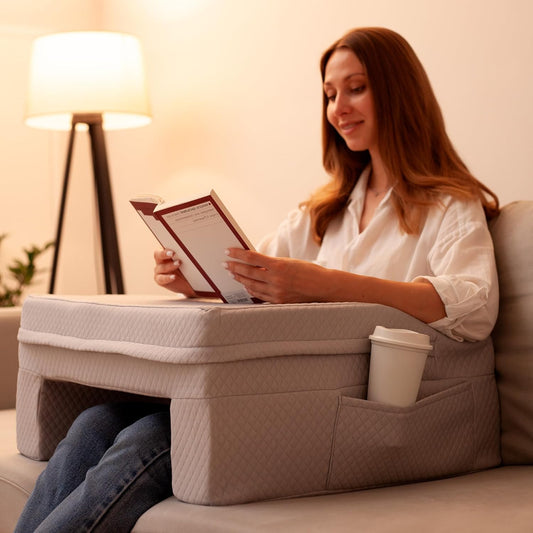 Reading Pillow for Gaming & Laptop (Includes 2 Washable Pillowcases) – 24″ Laptop Pillow for Bed, Couch, Steam Deck, Switch, High Density Foam Arm Rests, Pockets, Ergonomic Back Support