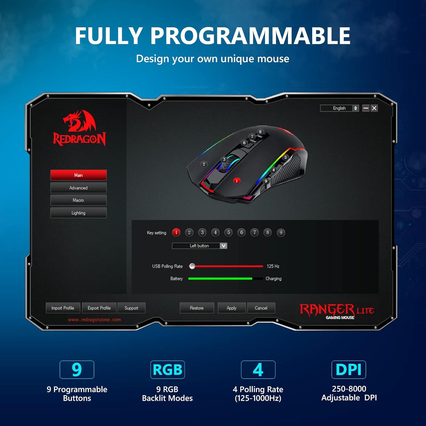 Redragon Gaming Mouse, Wireless Mouse Gaming with 8000 DPI, PC Gaming Mice with Fire Button, RGB Backlit Programmable Ergonomic Mouse Gamer, Rechargeable, 70Hrs for Windows, Mac Gamer, Black