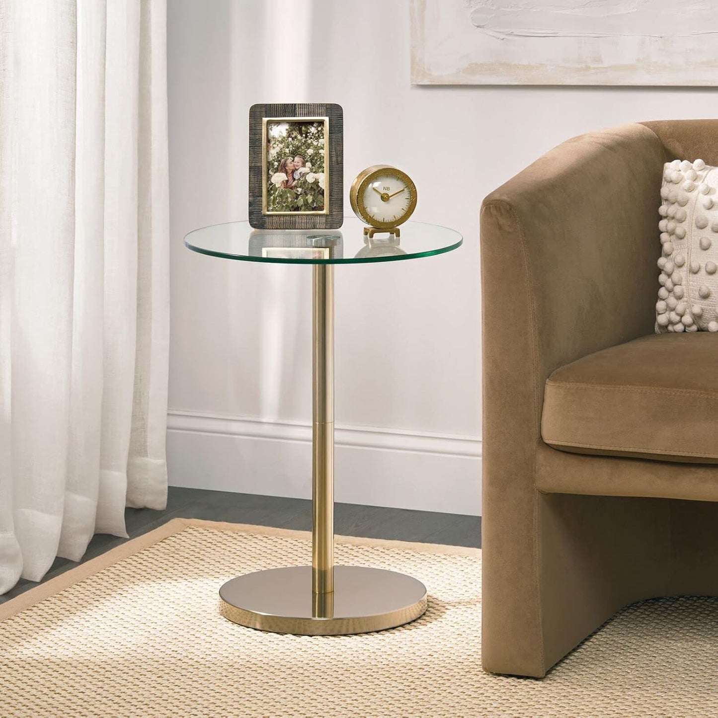 mDesign Glass Top Side/End Drink Table - Tall Modern Round Accent Metal Nightstand Furniture for Living Room, Dorm, Home Office, and Bedroom - 16" Round - Clear/Soft Brass