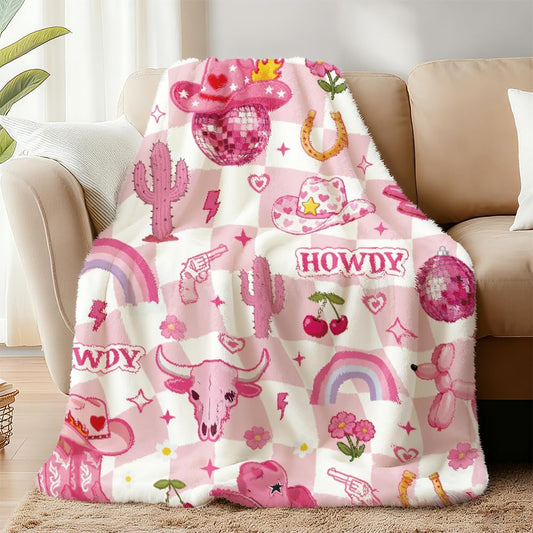 WADORN Western Cowgirl Throw Blanket, Hot Pink Funky Groovy Blankets Gifts for Women Cowboy Hat Boots Fuzzy Soft Flannel Fleece Blanket for Bedroom Holiday Home Living Room Sofa Bed Couch, 50''x60''