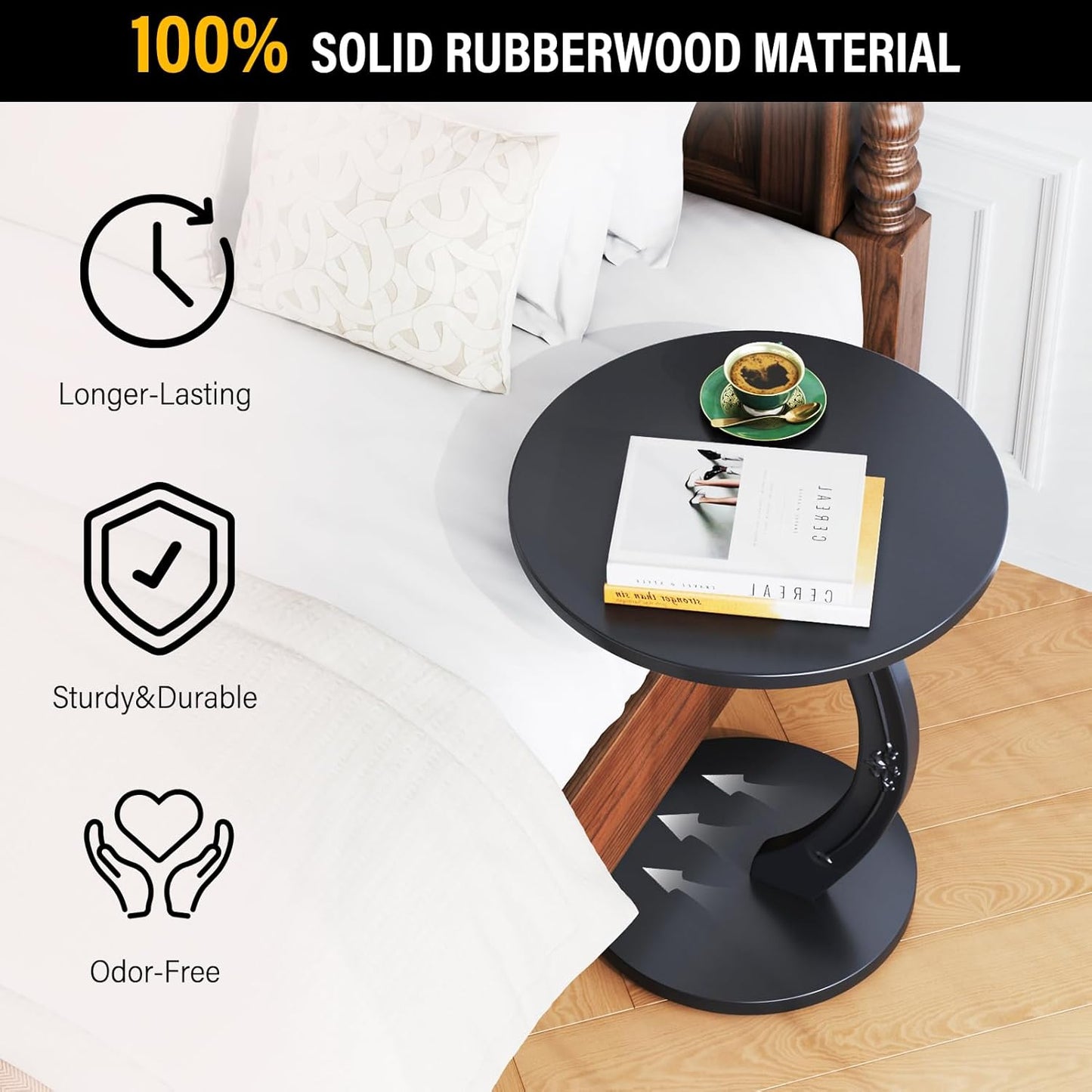 C-Shaped Solid Wood Round End Table - Side Table for Couch, Sofa Tables Slide Under Couch for Living Room, Small Nightstand for Small Space, Black