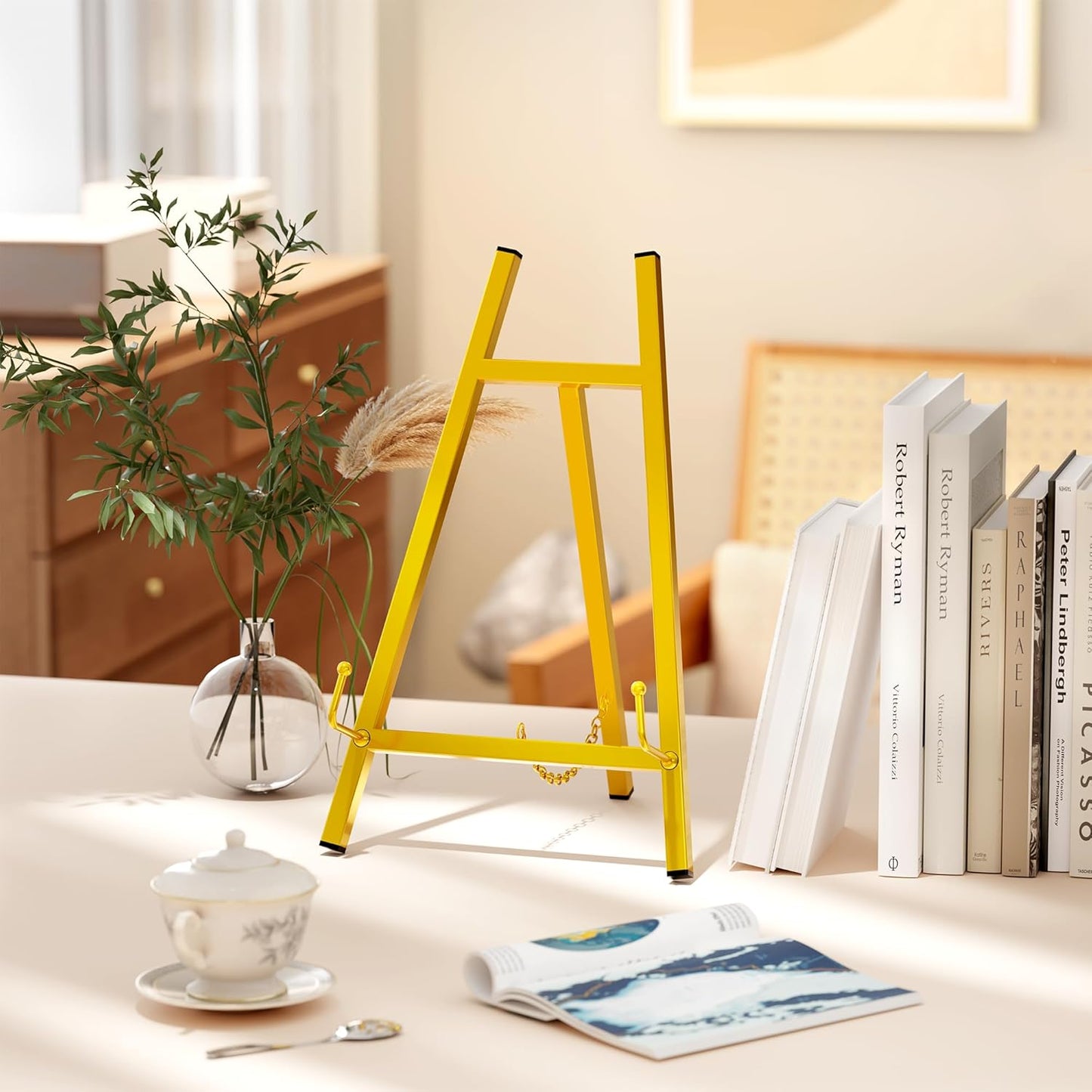Table Top Easels for Display, Metal Small Easel Stand for Display Tripod Art Picture Mirror Modern Plate Holder Floor Stands for Display Book Photo Wedding Sign(Gold)