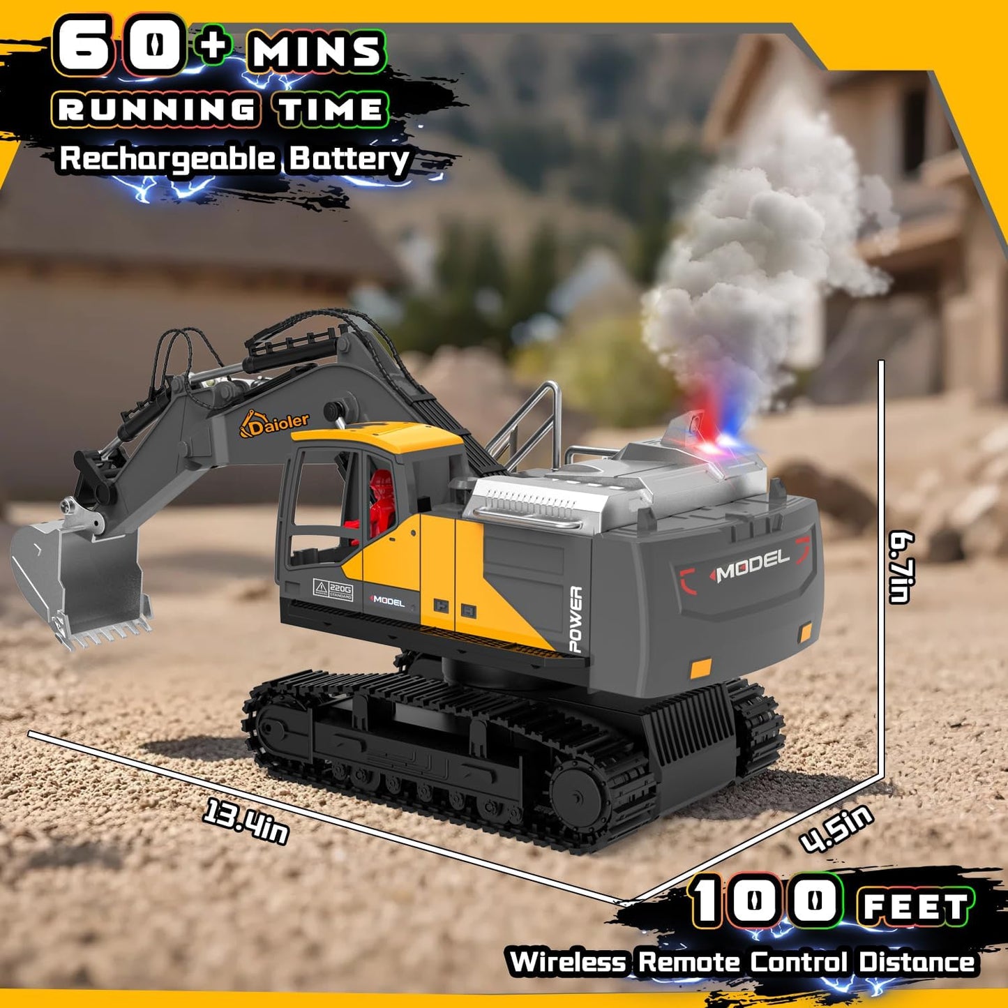 Remote Control Excavator Toy for Boys 3+, RC Construction Vehicle with Spray, Rechargeable Battery/680° Rotation/Metal Shovel/Light/Sound, RC Excavator Toy for Kid Digger Toys for Boy 3-5 4-7 8-12+