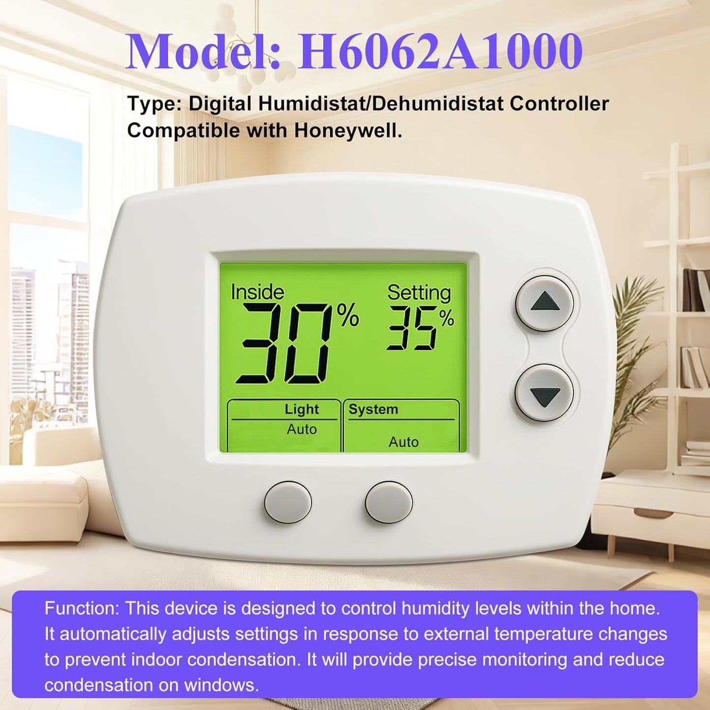 H6062A1000 Digital Humidistat/Dehumidistat Compatible with Honeywell H6062A1000 HumidiPro, OEM Upgrade H6062A1000/U Digital Humidistat, Smart LCD Display Humidity Control for Home and Indoor. -2 Year