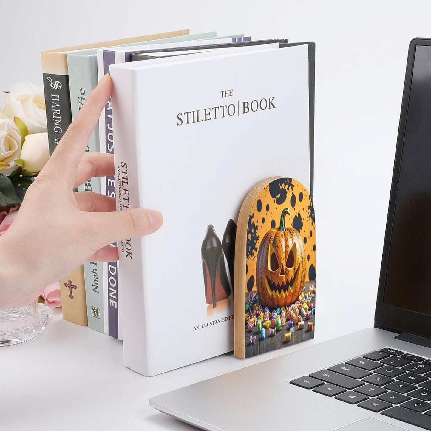 Pumpkins and Candies Bookends 1 Pair Heavy Duty Book Ends for Shelves Non-Skid Bookend Supports Wooden Book Holders with Metal Base Desk Organizers Books Storage to Hold Books